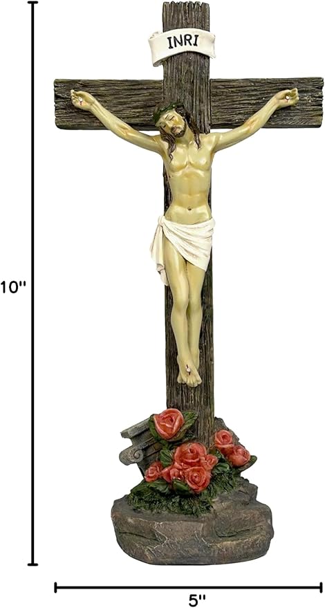 JORAE Jesus Crucifix Statue Standing Cross Decoration Praying Religious Figurine Jesus Christ Catholic Display Resin Tabletop Home Decor, 10" H