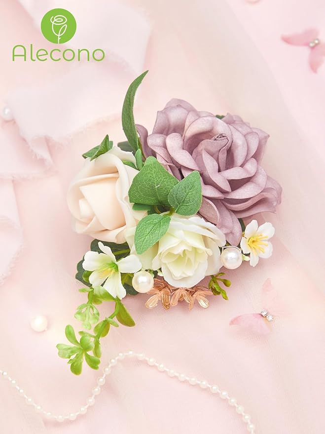 Alecono Boutonniere for Men, Set of 2 for Wedding Groom Groomsmen, Purple Artificial Flowers for Ceremony Anniversary Marriage Graduation Prom Dinner Party Homecoming