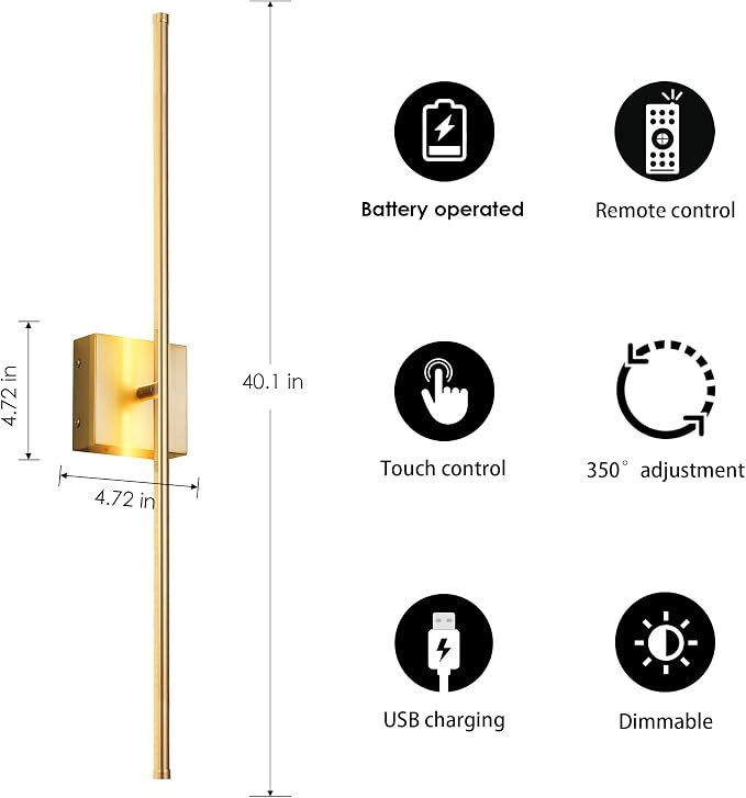 KARTOOSH 40.1 Inch Wall Sconces Battery Operated for Living Room Gold | Rechargeable Wireless Wall Lamp Set of 2, 3000K Warm White Dimmable Wall Light Remote Control Indoor Lighting for Bedroom