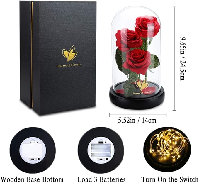 Dream of Flowers Mother Day Enchanted Red Gifts for Mom,Beauty and The Beast Rose in Glass Dome,Anniversary Rose Gifts for Wife,Birthday Gifts for Women,Romantic Red Silk Rose Flower Gifts for Women