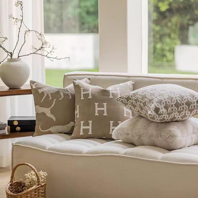 Croker Horse 20x20'' Inches Throw Pillow Cushion Cover - Beige H Letter Embroidery Modern Fashion Style Couch Sofa Pillow Cover for Living Room Bedroom