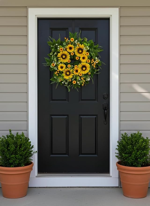 Sunflower Wreath for Front Door, 24–26 Inch Spring & Summer Wreath with Lifelike Sunflowers, Handmade Outdoor Wreath for Front Door, Spring Home Decor