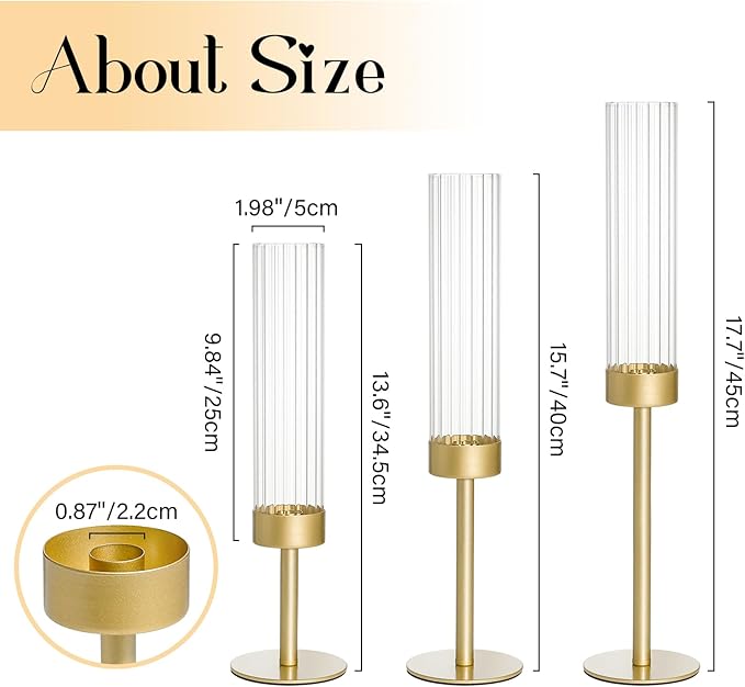 Gold Hurricane Candle Holders Set of 6, Brass Metal Candlestick Holders for Taper Candles, Modern Table Centerpiece Decor for Wedding, Party & Holiday Decorations
