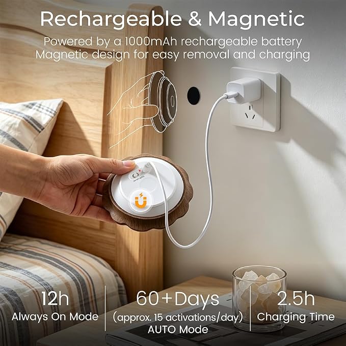 Motion Sensor Night Light Wooden Carved Flower USB Rechargeable Stick-On Step Lights Magnetic Mini Wall Lights for Hallway Bedroom Living Room Stair (Black Walnut)