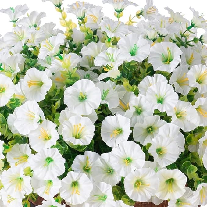 Ivydale Artificial Fake Hanging Flowers Plants Baskets for Outdoor Spring Summer Decoration, Faux Silk White Morning Glory Look Real UV Resistant for Outside Porch Patio Balcony Yard Front Door Garden