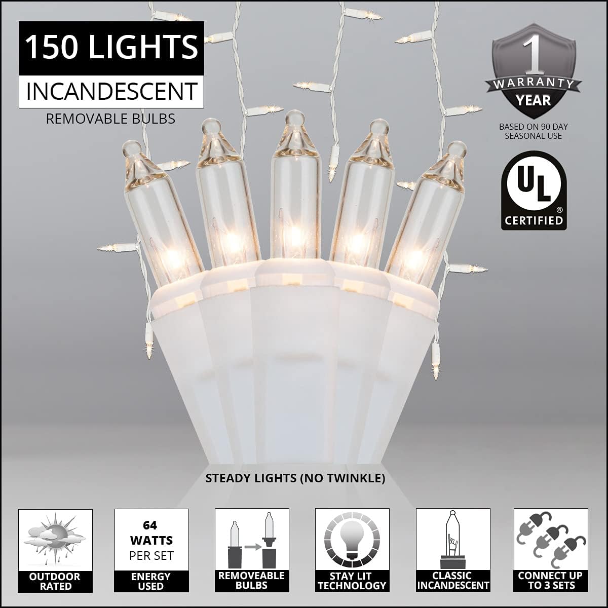 8.5 ft 150 Clear Icicle Lights - White Wire, Indoor/Outdoor Christmas Icicle Lights