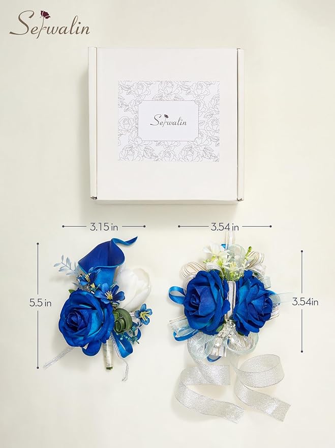 Serwalin Blue Prom Corsage and Boutonniere Set, Artificial Calla Lily & Rose Wrist Corsage Wristlet for Homecoming, Formal Dance, Wedding Flowers Accessories Party Suit Decorations