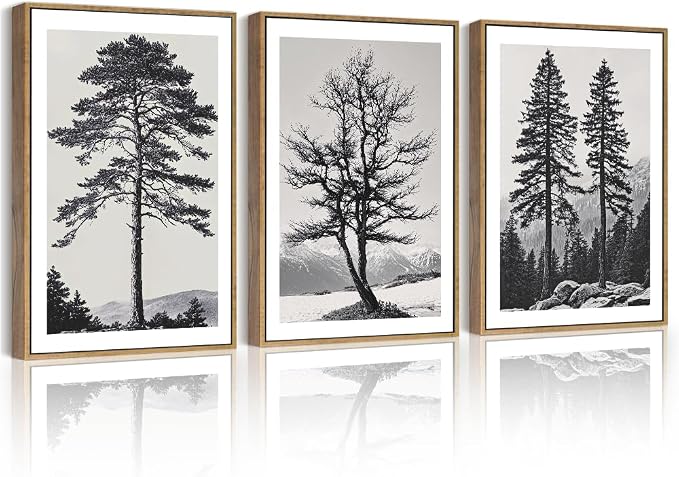 PHOPAGO Vintage Antique Tree Framed Wall Art Black and White Retro Forest Wall Decor Nature Wilderness Sketch Paints Modern Decor - 12x16in Natural Framed