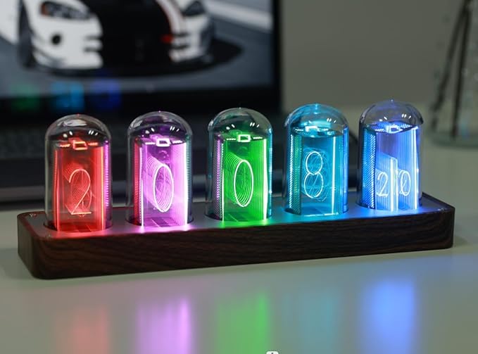 ClocTeck Nixie Tube Clock with Wi-Fi SYNC, Alarm & Timer, 12/24H Display, No Assembly Required - A Retro Gift for Friends (Wood Grain)