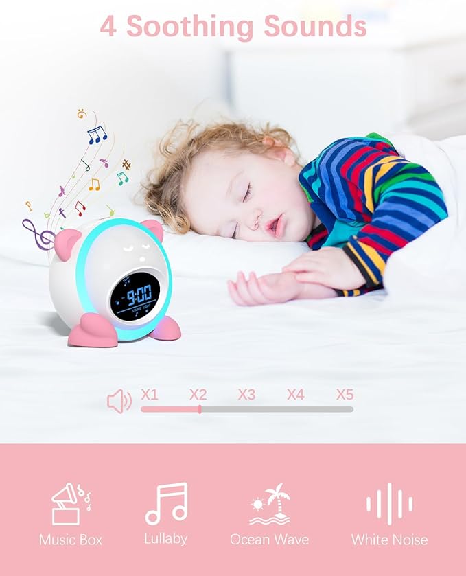 OK to Wake Clock for Kids, Sleep Training Clock with Night Light and Sound Machine, Kids Alarm Clock for Bedrooms (Pink)