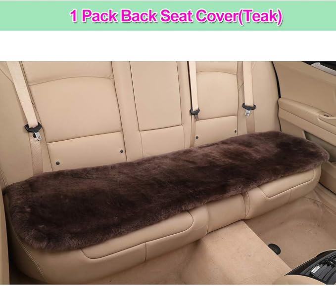 OGLAND Fuzzy Genuine Sheepskin Car Rear Seat Cover for Kids Dogs Pets Auto Bench Back Cushion Interior Accessories with Soft Fluffy Wool Natural Fur, Teak Brown