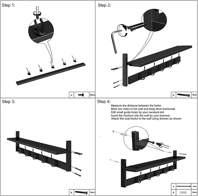 AMBIRD Wall Hooks with Shelf Entryway Hanging Wood Coat Hooks with Shelf Wall-Mounted Coat Hook Rack with 5 Dual Hooks for Bathroom, Living Room, Bedroom (Stylish Black)