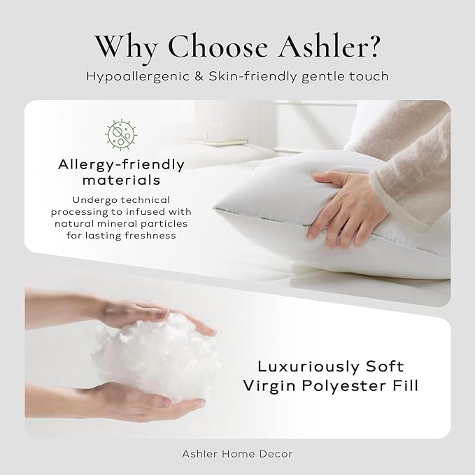 Ashler Home Deco Throw Pillow Inserts (Pack of 4, 22 x 22 Inches, White) - Hypoallergenic 100% Virgin Fiber Square Form Microfiber Throw Pillows for Bed and Couch Pillows | Indoor Decorative Pillow