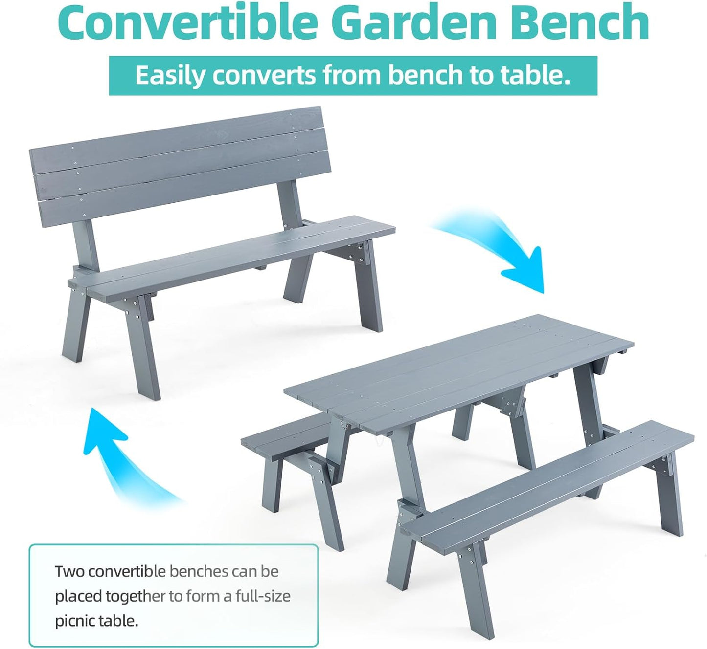 AVAWING Outdoor Convertible Wood Bench with Backrest, Patio Wood Convert a Bench, Space-Saving 2-in-1 Picnic Table Chairs Set for Backyard, Porch, Patio, Garden, Grey
