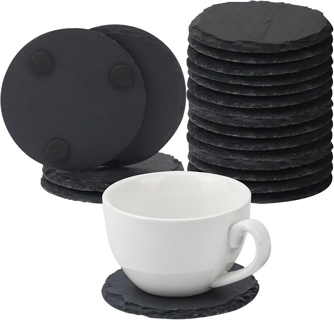 20 Pack 4 Inch Round Slate Coasters, Black Stone Coasters with Anti-Scratch Bottom, Ideal for Home Decor, Bar, Housewarming Gifts, and Laser Engraving KUKLIPJIM