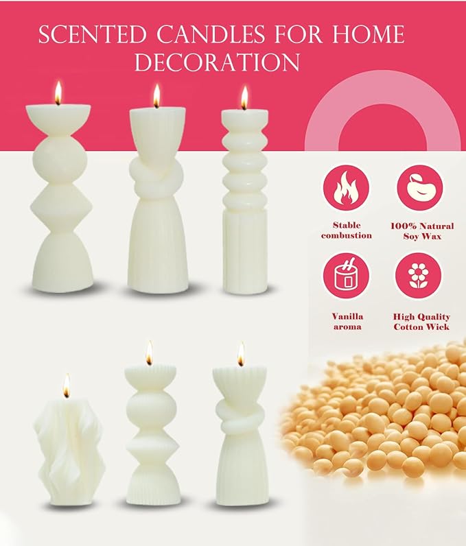 6 Pack Pillar Candles Ribbed Decorative Candle velas decorativas Fireplace Candle for Housewarming Gift, Shelf & Table Decor-Aesthetic Modern Candles Set (White)