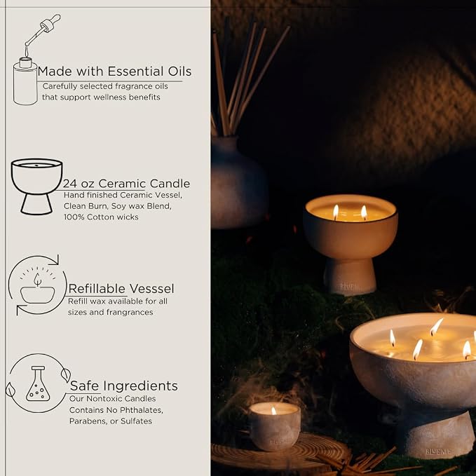 Blueme Romance Candle | Oakmoss & Sandalwood | 4 Wick - Refillable Wellness Candle with Essential Oils, Hand Finished & Poured Soy Wax Blend Ceramic Vessel, Natural Cotton Wicks | Large 24 oz