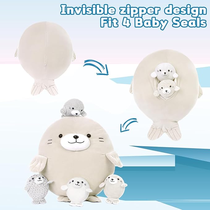 MaoGoLan 5Pcs Fat Seal Plush with 4 Babies Inside - 20" Giant Ultra Soft Seal Stuffed Animal Throw Pillow - Squishy Mother-Babies Collection Gift for Seal Lover,Kids,Boys, Gray