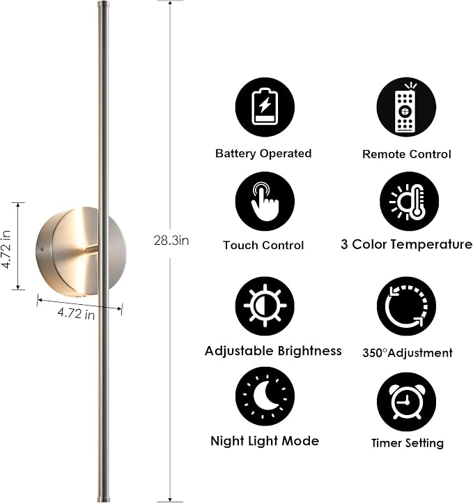 KARTOOSH Removable Battery Operated Wall Sconces with Remote Control 350°Rotate LED Wireless Wall Lights with 3 Color Temperatures & Dimming for Bedroom, Hallway,28.3 Inch (2 Pack)