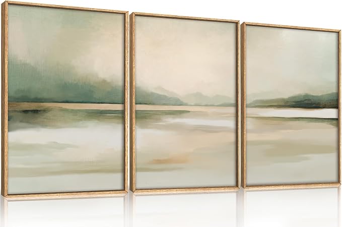 Large Abstract Sage Green Pastel Framed Canvas Wall Art Set,Minimalist Neutral Landscape Wall Decor,Modern Watercolor Mountain Lake Artwork for Living Room,Bedroom-16 x24 x3