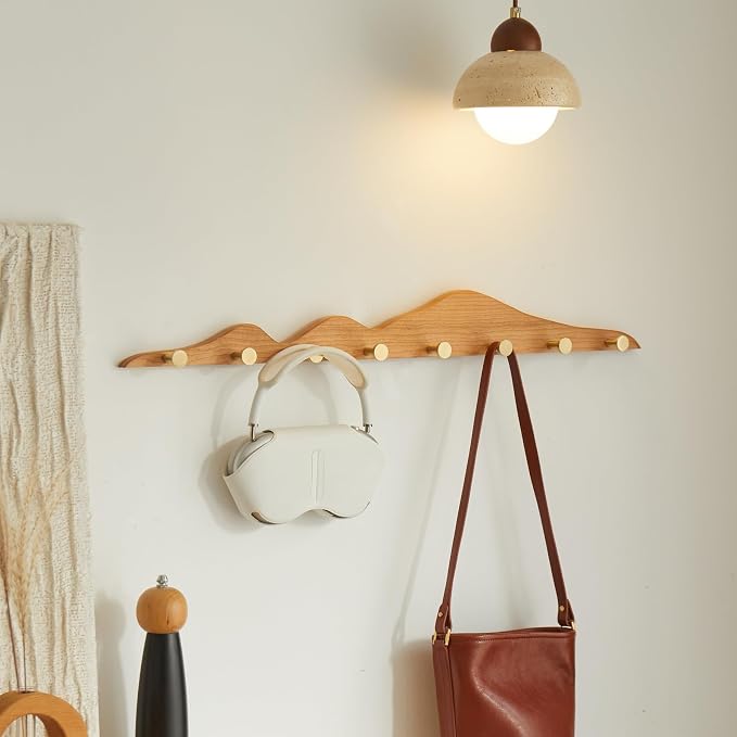Elegant Wall Coat Rack with Hooks Cherry Wood Solid Coat Hanger Wall Mount with 8 Brass Hooks, Moisture-Resistant Wax Oil Finish for Home (Cherry, 8 Hooks)