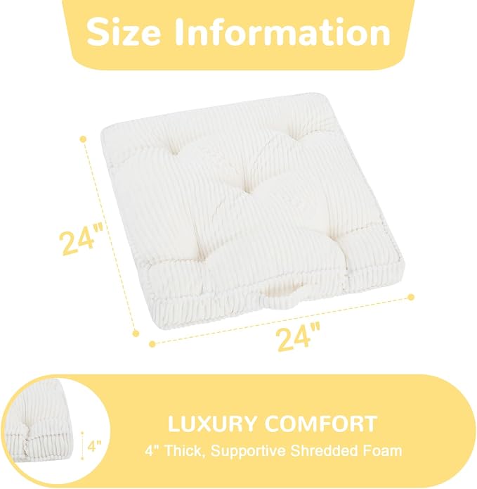 Meditation Floor Cushion Set of 2, 24x24 Tufted Floor Pillow for Adults, Square Large Meditation Cushion Pillow, Corduroy Sitting Pillow with Handle, Yoga Seating for Tatami, Beige