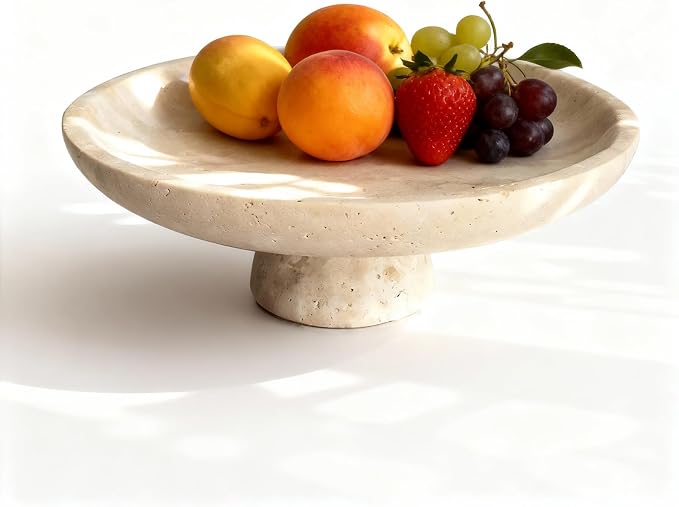 Natural Travertine Fruit Bowl 10.2 Inches with Pedestal Large Decorative Bowl for Kitchen Counter Dining Table Centerpiece and Entryway Decor