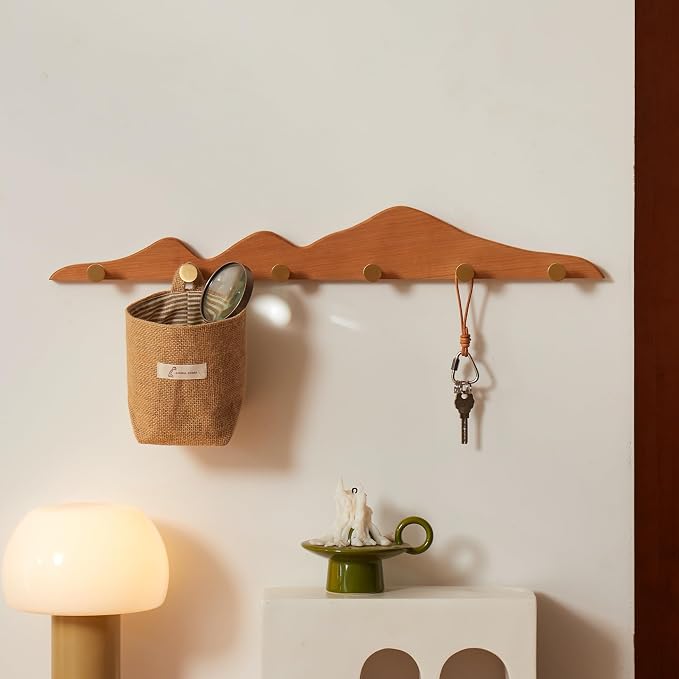 Elegant Wall Coat Rack with Hooks Cherry Wood Solid Coat Hanger Wall Mount with 6 Brass Hooks, Moisture-Resistant Wax Oil Finish for Home (Cherry, 6 Hooks)