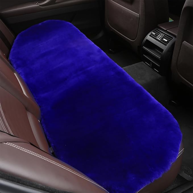 OGLAND Fuzzy Genuine Sheepskin Car Rear Seat Cover for Kids Dogs Pets Auto Bench Back Cushion Interior Accessories with Soft Fluffy Wool Natural Fur, Blue