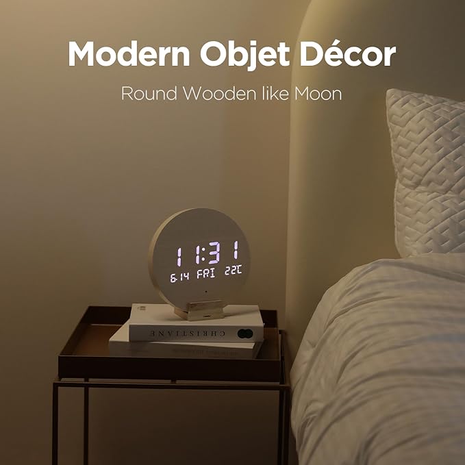 mooas Wood Moon Cordless Mini Digital LED Wall Clock, Date, Temperature, Auto Brightness, Digital Wireless Wall Clock Modern Minimalist Décor for Office Livingroom Bedroom, Wall Mount/Wooden Stand