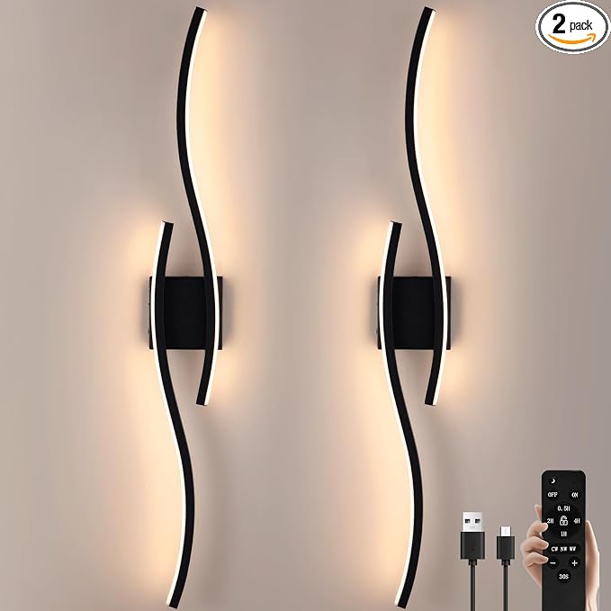 Modern LED Wall Sconce Set of Two, Dimmable Battery Powered Wall Sconces, 3000K-6500K Wireless Wall Light, Rechargeable Wall Lamp Indoor not Hardwired for Room Bedroom Corridor, 39.3in(Black)