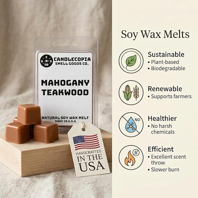 Mahogany Teakwood Strongly Scented Hand Poured Vegan Wax Melts, 12 Scented Wax Cubes, 6.4 Ounces in 2 x 6-Packs