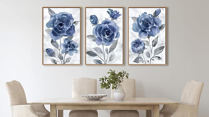 Large Framed Canvas Wall Art - Natural Float Framed Modern Indigo Flowers Pictures Decor Dark Blue Floral Grey Leaves Artwork for Bedroom Living Room Kitchen Home Office Decoration 60" X 28" Set of 3