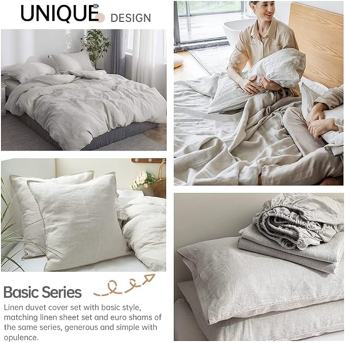 Simple&Opulence 100% Linen Duvet Cover Set 3pcs Basic Style Natural French Washed Flax Solid Color Soft Breathable Farmhouse Bedding with Button Closure - Linen, California King