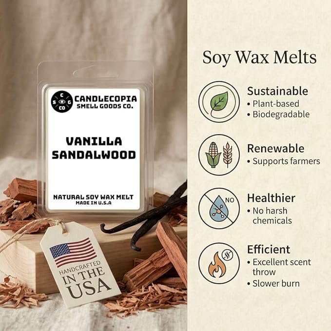 Vanilla Sandalwood Strongly Scented Hand Poured Vegan Wax Melts, 12 Scented Wax Cubes, 6.4 Ounces in 2 x 6-Packs