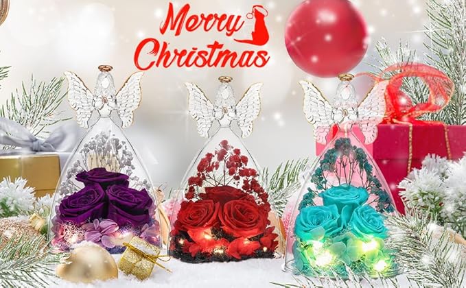 Mothers Day Rose Gifts for Women Preserved Real Flower in Glass Angel Figurines Roses for Delivery Prime Birthday Gifts for Mom Grandma Girlfriend Wife Her - Red