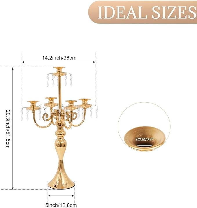 Candelabras Centerpieces for Tables, 20" Tall Candlestick Holder for Taper Candles, 5 Arm Crystal Candelabra Candle Holder for Wedding Centerpiece Decor Party Event Reception Decoration (Gold)