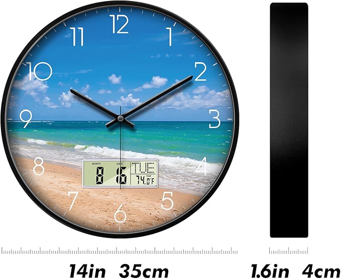 14 Inch Blue Ocean Beach Wall Clock, Silent Non-Ticking Battery Operated Analog Clock with LCD Calendar & Temperature Display, Modern Wall Clock for Home, Office, Beach House, Hotel Decor