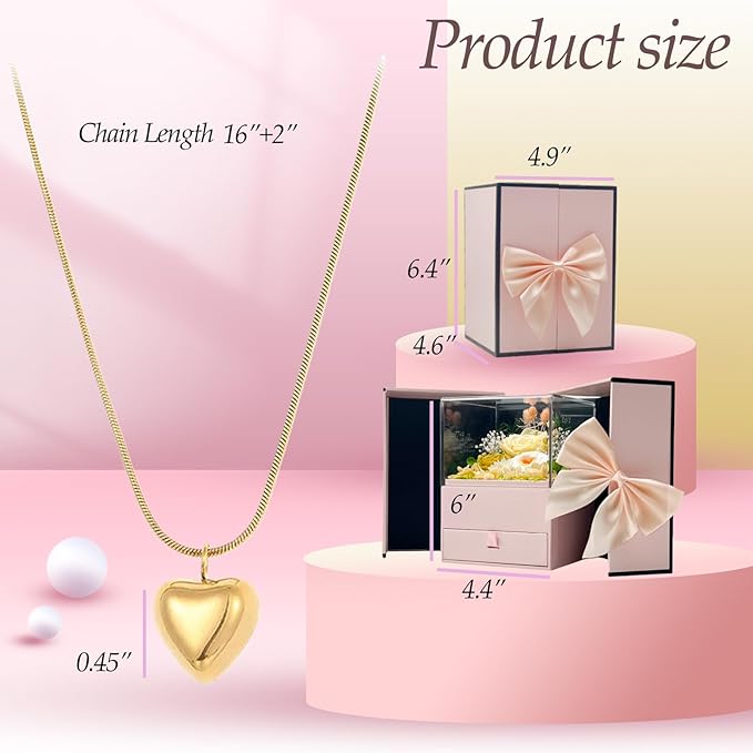 Preserved Flowers in A Gift Box with Bow - Forever Yellow Roses with Gold Heart Necklace for Her - Valentines Day Mother's Day Birthday Anniversary for Women Wife Mom Grandma (Yellow)