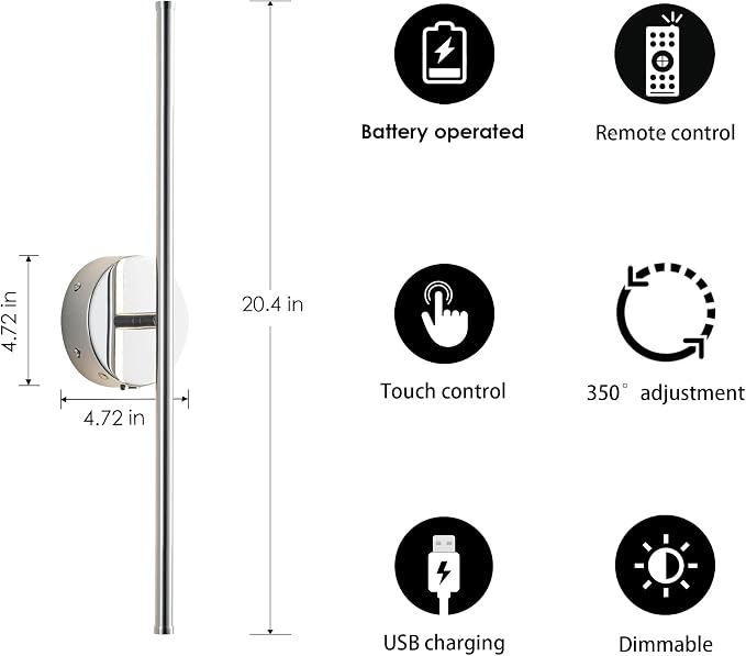 KARTOOSH Battery Operated Wall Sconces with Remote Control, Dimmable Wall Sconces Set of Two, 350°Rotate, 3000K LED Chrome Wireless Wall Light for Living Room, Bedroom,Hallway, 20.4 Inch (2 Pack)