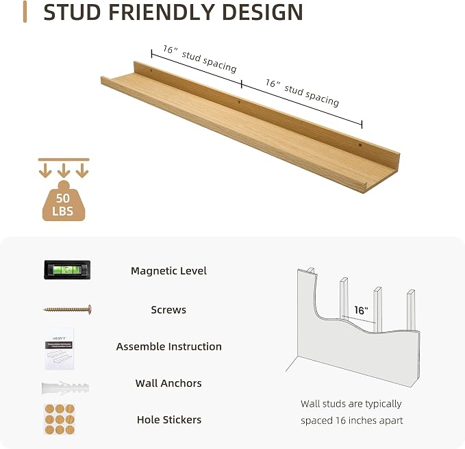 36 inch Picture Ledge Shelf, Wood Floating Shelves, Color Oak, Set of 2 | Photo Ledge, Wall Mounted, For Nursery Book Living Room Kids' Room Bedroom