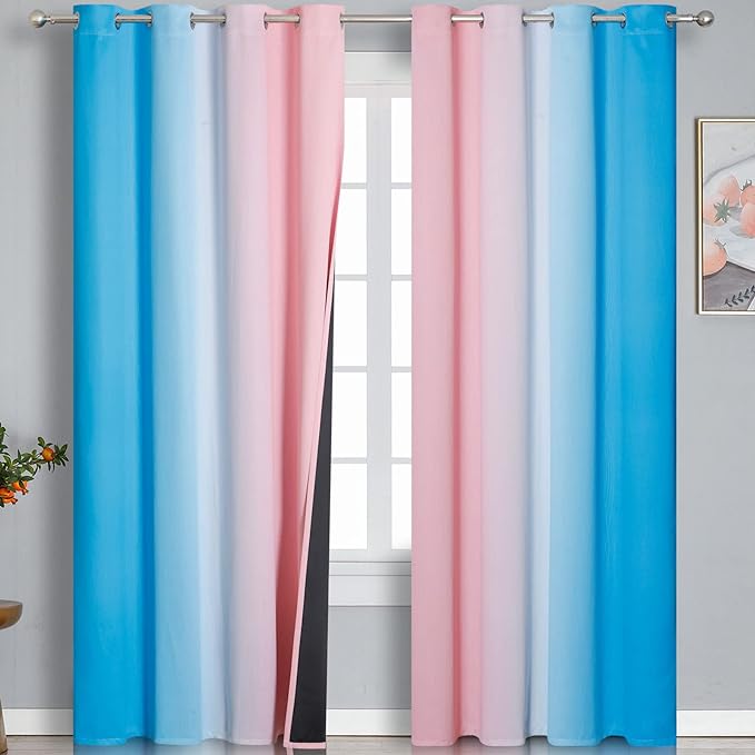 Estelar Textiler Pink and Blue Ombre Blackout Curtains 96 Inches Long, Full Room Darkening Grommet Curtains for Bedroom, Thermal Insulated Gradient Drapes for Living Room,52x96 Inch, 2 Panels