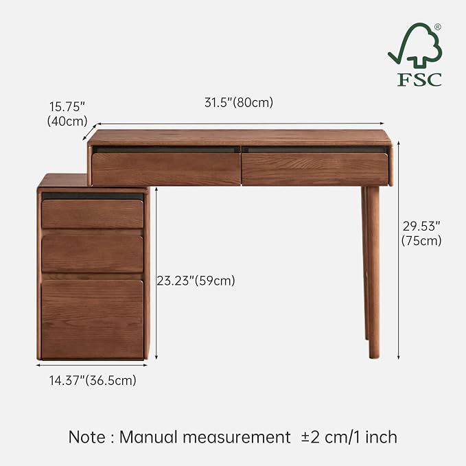 45" Extendable Vanity Desk, Solid Oak Wood Makeup Table with Adjustable Storage, Dressing Table for Bedroom, Study Desk for Home Office (No Chair & Mirror)