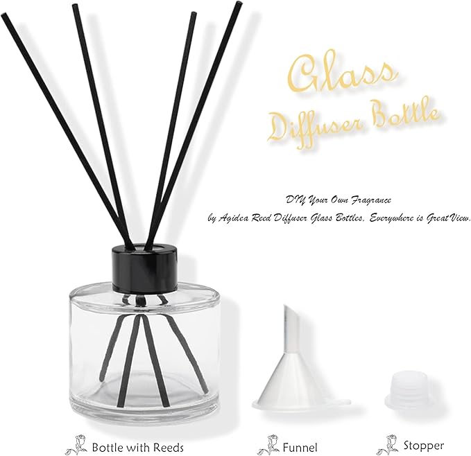 4PCS Fragrance Glass Diffuser Bottles, Refillable Diffuser Bottles with 20pcs Reeds Sticks & Black Caps & Funnel, Diffuser Jars for Home Oil Fragrance Decoration Girl Women Gift (200ML)