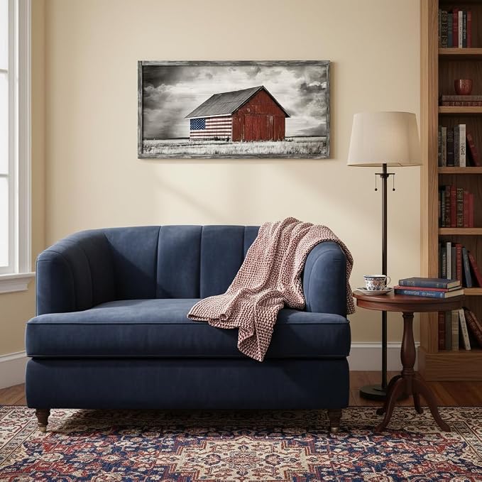 Farmhouse Wood Wall Art Picture: Living Room Framed Rustic Old Barn American Flag Painting Decor Bedroom Large Black White Country Rural Farm Scene Print Horizontal Patriotic Countryside Nature