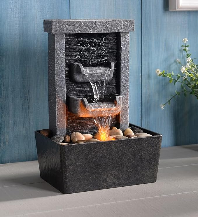 GOSSI Home Décor 10.3 in Indoor Waterfall Fountain Relaxation High Pressure Water Pumps Tabletop Fountain Nature Feeling Water Fountains with Reflective Lighting/River Rocks Home/Office Decoration