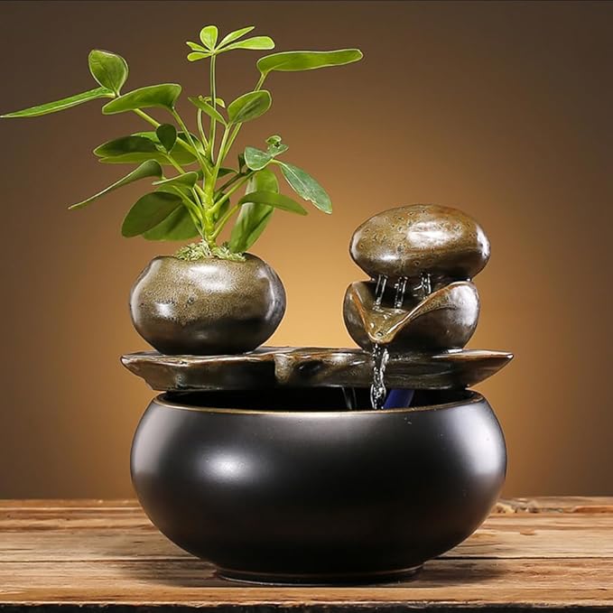 Ceramic Tabletop Fountain for Indoor and Home Decoration Table Desk Office Patio (Black 2)