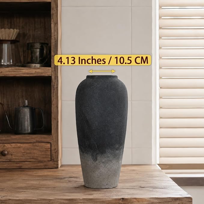 Ceramic Rustic Farmhouse Vase, 15 Inch Black Handmade Pottery Flower Vase for Home Decor, Rustic Living Room Decor, Wedding Gifts, Shelf & Table Decoration