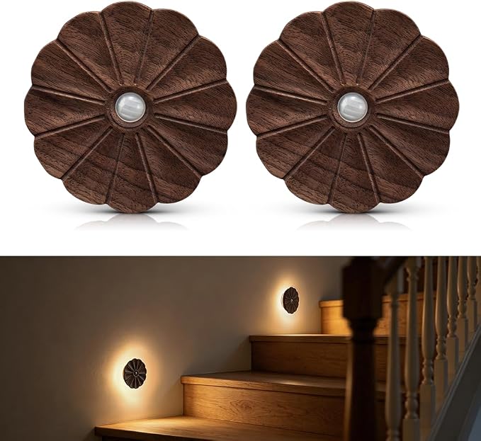Motion Sensor Night Light, Wooden Flower Lights, USB Rechargeable Magnetic Stick-On Lights for Stairs, Hallway, Bedroom, Indoor Pathway, Motion Sensor Light Indoor (2 Pack Black Walnut)