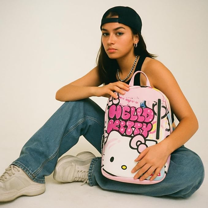 Fast Forward Sanrio Hello Kitty Backpack for Teens | 16" Saffiano Leather School Bookbag with Rubber Luggage Tag | Hello Kitty Backpack Purse for Girls, Boys, Unisex | Officially Licensed